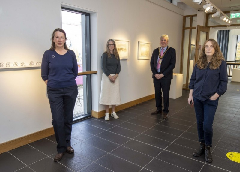 Pictured at Roe Valley Arts and Cultural Centre are artists Sharon Adams, Nicola Nemec and Andrea Spencer with the Mayor of Causeway Coast and Glens Borough Council Councillor Richard Holmes.