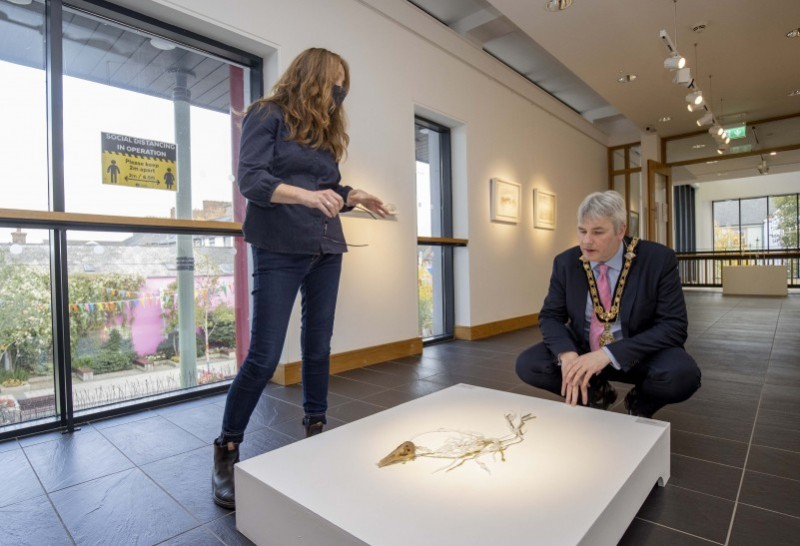 Andrea Spencer discusses her work in the Beyond Edges exhibition with the Mayor of Causeway Coast and Glens Borough Council Councillor Richard Holmes.