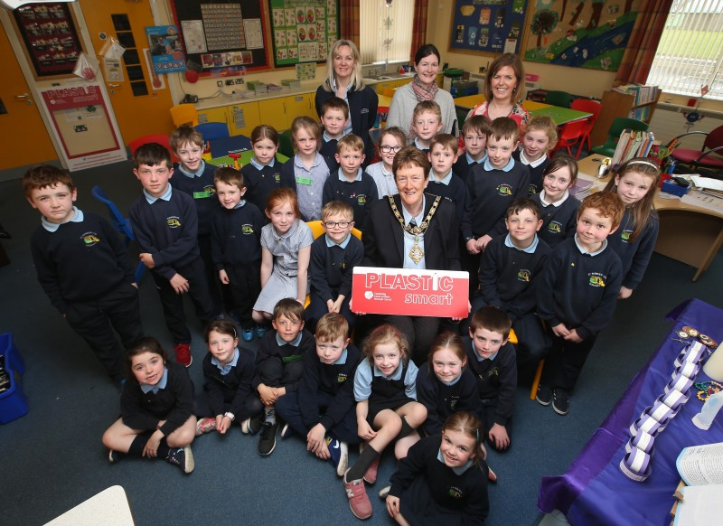 Pupils at Patrick's Primary School in Glenariff celebrate their PlasticSmart award with the Mayor of Causeway Coast and Glens Borough Council Councillor Joan Baird OBE.