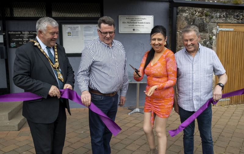 Mayor of Causeway Coast and Glens, Councillor Ivor Wallace at the re-naming ceremony with Alaister, Marie and Raymond McFarland