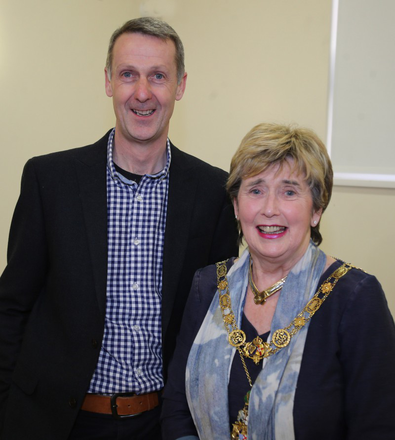 Michael’s father Paddy pictured with The Mayor of Causeway Coast and Glens Borough Council, Alderman Maura Hickey.