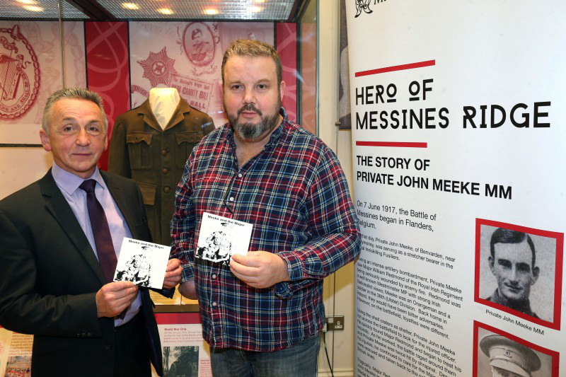 Pictured are Frankie Cunningham and Councillor William McCandless as they remember the story of Private John Meeke and his bravery at the launch of a new CD at Ballymoney Museum.