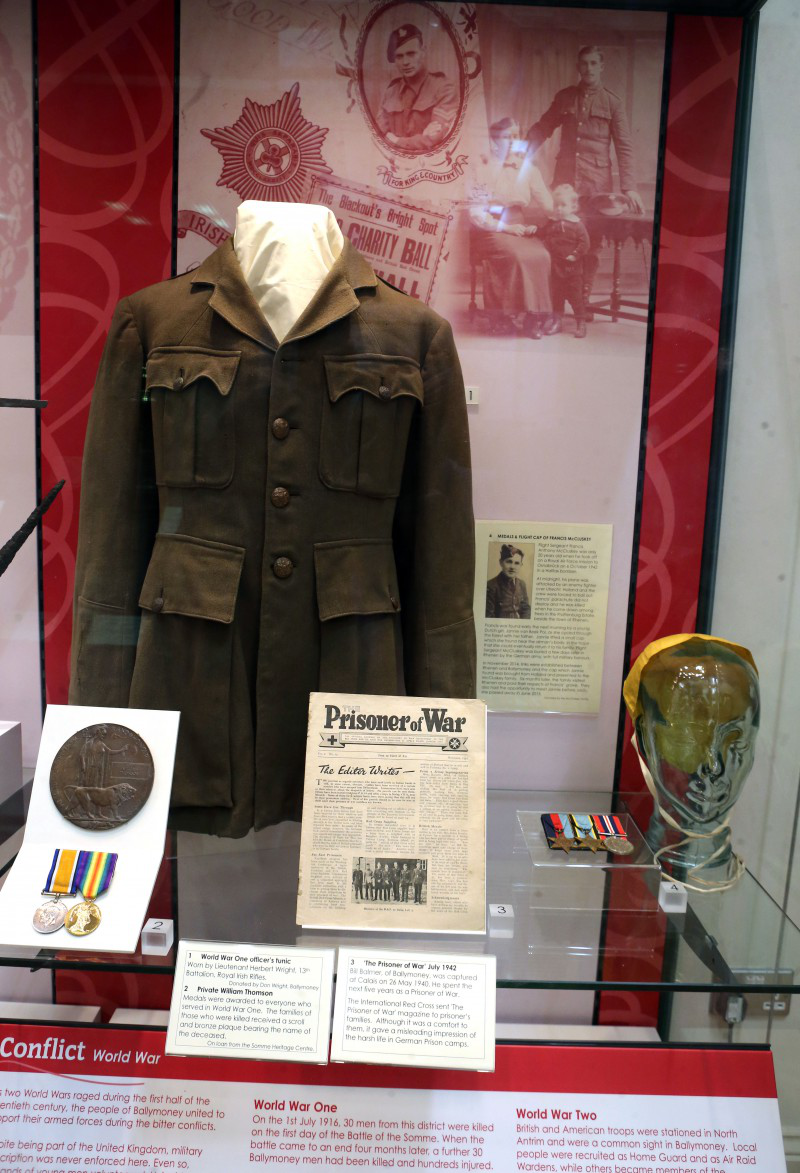 The exhibition at Ballymoney Museum displays war uniforms and medals giving visitors an impression of what happened in World War One.