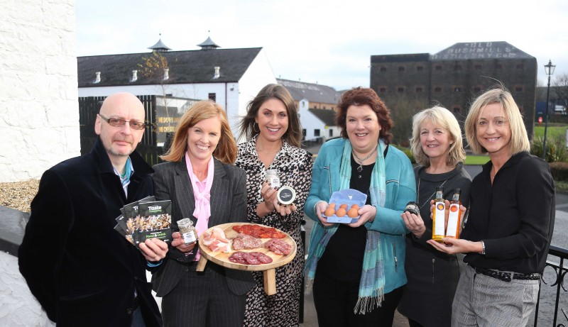 Zack Gallagher of the Irish Food Guide, Kerrie McGonigle, Destination Manager, host Sarah Travers, chef and local food ambassador Paula McIntyre, Rosemary Lightbody Tourism NI and Sharon Scott, Invest NI facilitator for Causeway Coast and Glens Food Network Collaborative Growth Programme.
