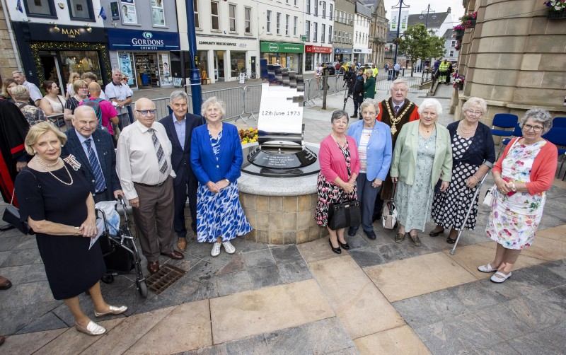 Mayor of Causeway Coast and Glens, Councillor Steven Callaghan and Lord Lieutenant for County Londonderry Alison Millar (left) pictured with victims’ families at the newly-unveiled memorial to mark the 50th anniversary of the Coleraine bomb.