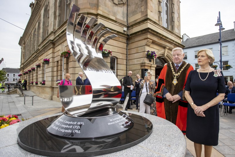 Mayor of Causeway Coast and Glens, Councillor Steven Callaghan and Lord Lieutenant for County Londonderry Alison Millar at newly-unveiled memorial to mark the 50th anniversary of the Coleraine bomb.