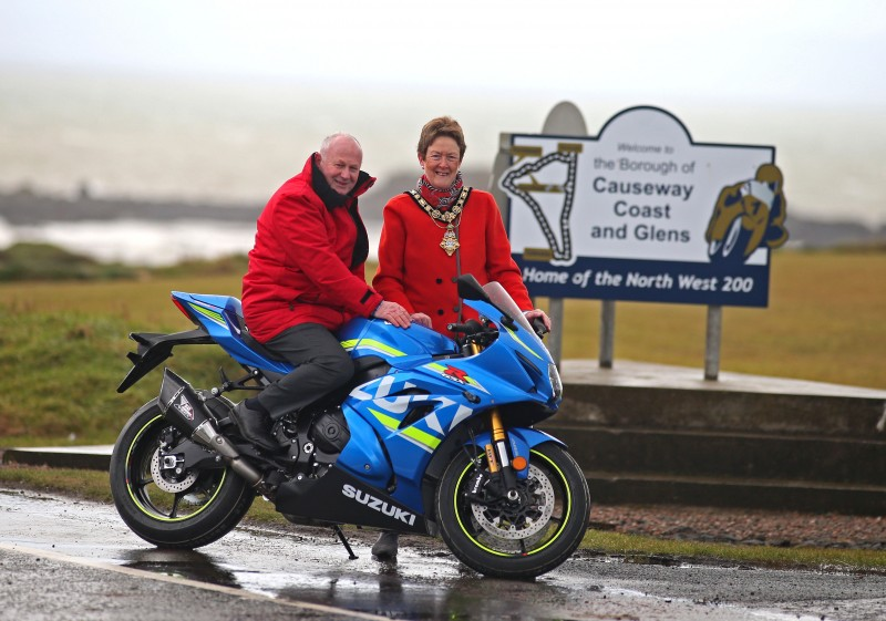 The new Freeman of the Borough of Causeway Coast and Glens Mervyn Whyte pictured with the Mayor, Councillor Joan Baird OBE near the starting grid of the North West 200.