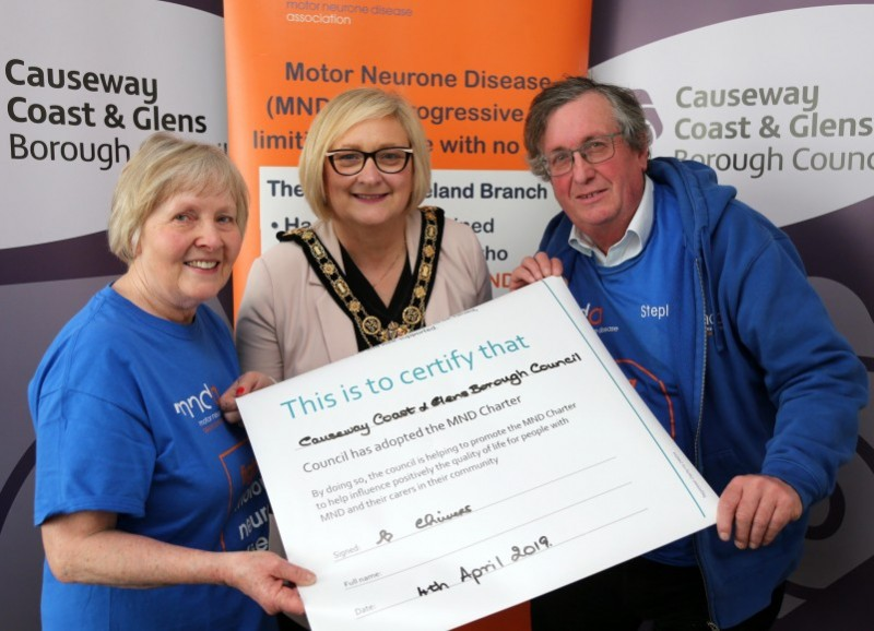 The Mayor of Causeway Coast and Glens Borough Council Councillor Brenda Chivers pictured with representatives of the Motor Neurone Disease Association Northern Ireland Stephen Thompson (Chairman) and Marie Holmes (secretary) at a recent event to mark Causeway Coast and Glens Borough Council’s adoption of the motor neurone disease (MND) Charter.