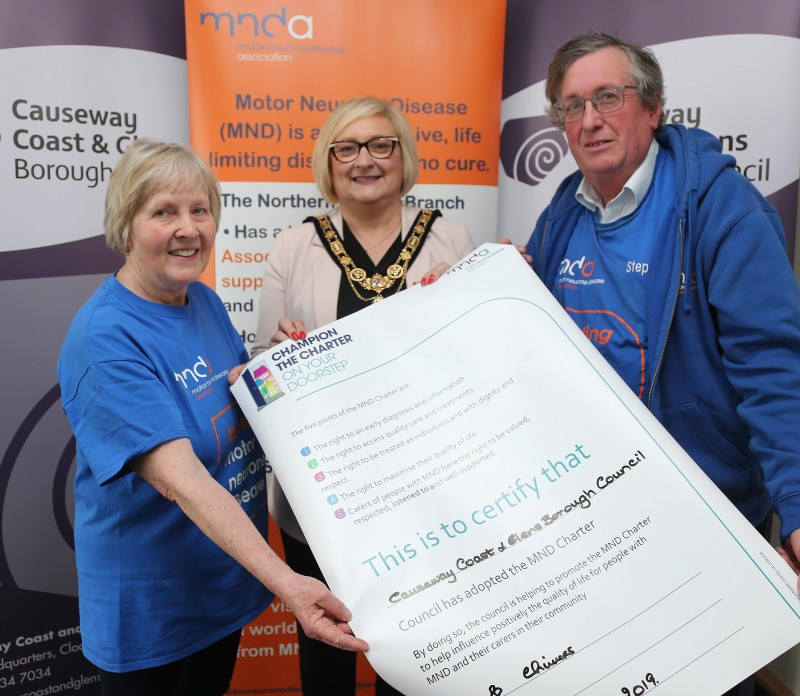 The Mayor of Causeway Coast and Glens Borough Council Councillor Brenda Chivers pictured with representatives of the Motor Neurone Disease Association Northern Ireland Stephen Thompson (Chairman) and Marie Holmes (secretary) at a recent event to mark Causeway Coast and Glens Borough Council’s adoption of the motor neurone disease (MND) Charter.