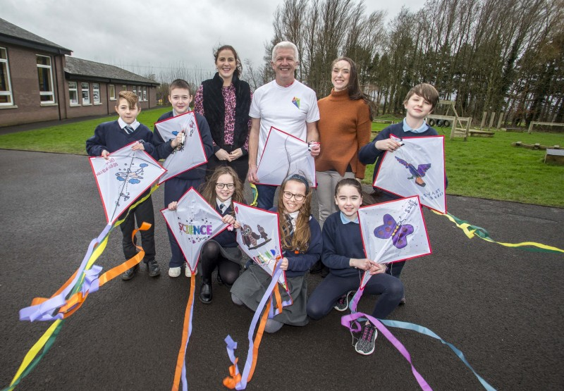 Pupils from St. Joseph’s Primary School in Dunloy and The Model Primary School in Ballymoney pictured at their Shared Education event with teachers Lisa McGrath and Rachel Kane and a representative from ‘Go Fly Your Kite’.