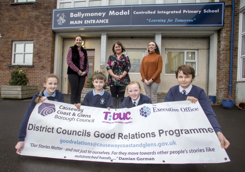 Pupils from St. Joseph’s Primary School in Dunloy and The Model Primary School in Ballymoney pictured at their Shared Education event with teachers Lisa McGrath and Rachel Kane and Good Relations Officer Joy Wisener.