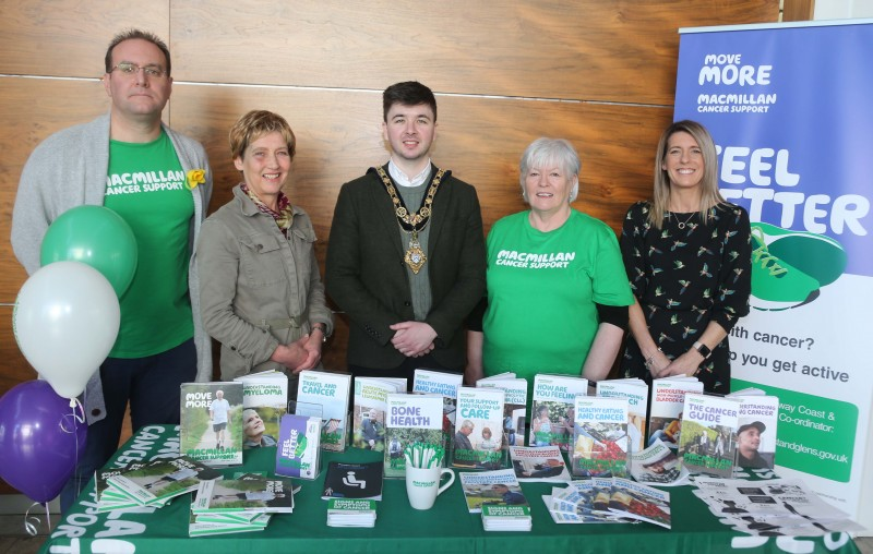 The Mayor of Causeway Coast and Glens Borough Council Councillor Sean Bateson pictured at the official launch of the Macmillan Move More project in Causeway Coast and Glens with Move More participants David Gibbs, Kay Hack and Paula Mulholland along with Catherine Bell-Allen, Causeway Coast and Glens Move More Co-ordinator.