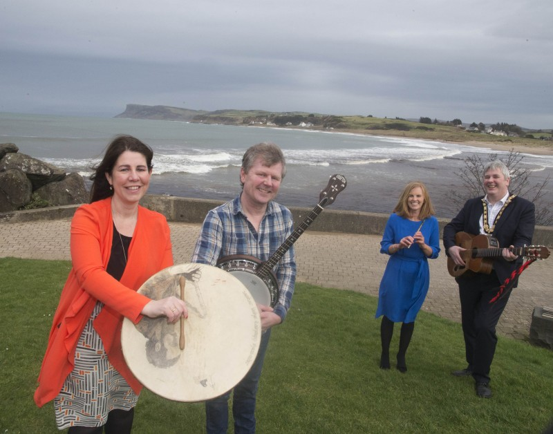 Causeway Coast and Glens Borough Council’s Visitor Servicing Officer Caroline Carey, traditional musician Michael Sands, Destination Manager Kerrie McGonigle and the Mayor of Causeway Coast and Glens Borough Council Councillor Richard Holmes pictured in Ballycastle for the launch of the town’s new Traditional Music Trail.