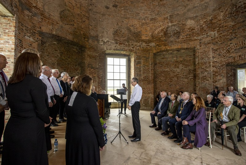 The Duke of Edinburgh enjoyed a performance by Counterpoint Choir and violinist Zak Hassan held in Mussenden Temple, accompanied by the Mayor of Causeway Coast and Glens, Councillor Steven Callaghan QPM, Deputy Lord-Lieutenant of County Londonderry William Oliver MBE and Heather McLachlan, National Trust Director for Northern Ireland.