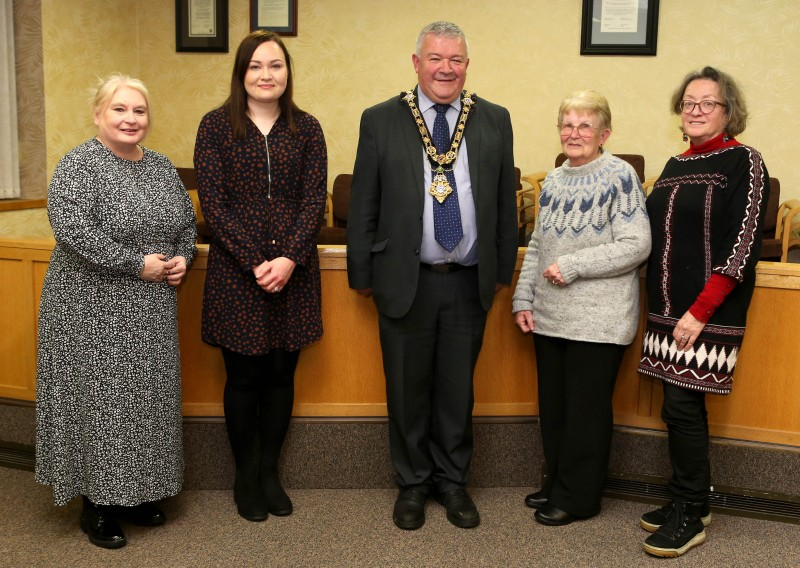 The Mayor of Causeway Coast and Glens Borough Council, Councillor Ivor Wallace, pictured with Friends of Ballycastle Museum, Bronagh Scally, Museum Officer Rachel Archibald, Patricia Perritt and Annette Hennessy.