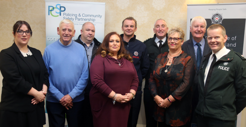 Leanne Abernethy, Alderman William King, Vice Chair of PCSP Ashleen Schenning, Jason Quigley representing NIFRS, Chief Inspector Ian Magee, Alderman Sam Cole and Superintendent Jeremy Lindsay pictured at the Neighbourhood Watch Conference.