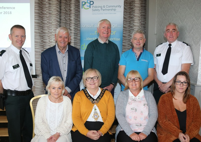 The Mayor of Causeway Coast and Glens Borough Council, Councillor Brenda Chivers pictured with (back row) Superintendent Jeremy Lindsay, Alderman William King, Councillor Sam Cole, Rory Donaghy, Chief Inspector Ian Magee, (front row) Caroline White, Councillor Margaret – Anne Mc Killop and Leanne Abertheny at the Neighbourhood Watch conference held in Portrush.