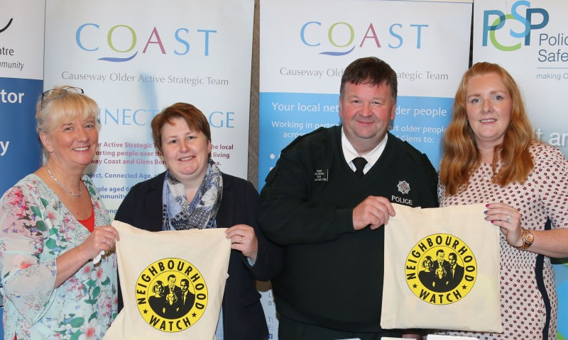 Pictured at the Neighbourhood Watch Conference in The Royal Court Hotel, Portrush are Beverly Burns, Trading Standards, Ashley Todd, Community Navigator, Sergeant Terry Mc Kenna and Jenna Allen, COAST Manager.
