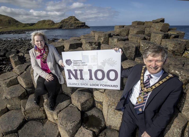 The Mayor of Causeway Coast and Glens Borough Council Alderman Mark Fielding and Councillor Michelle Knight McQuillan, Chair of Council’s NI 100 Working Group, pictured at the Giant’s Causeway, Northern Ireland’s only World Heritage Site, for the official launch of Council’s NI 100 programme of events.