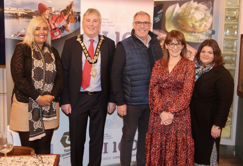 Mary McKillop from Glens of Antrim Potatoes, the Mayor of Causeway Coast and Glens Borough Council Councillor Richard Holmes, Mark Rodgers from Dalriada Tours, Stella Bolton and Daniela Morelli pictured at the celebration of local produce held in the Arcadia in Portrush as part of Causeway Coast and Glens Borough Council’s NI 100 programme.