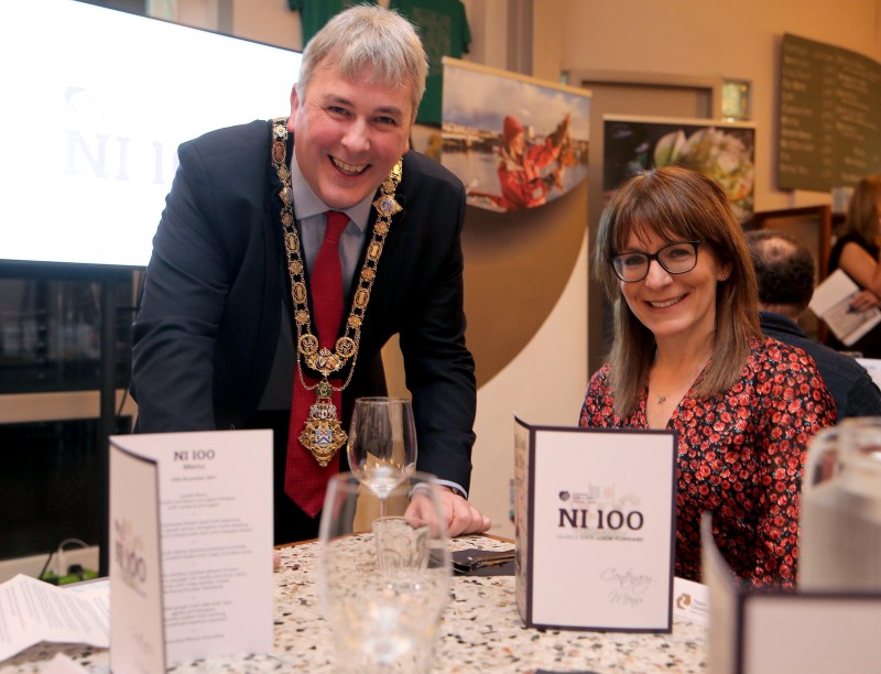 The Mayor of Causeway Coast and Glens Borough Council Councillor Richard Holmes pictured with Stella Bolton from The French Rooms in Bushmills.