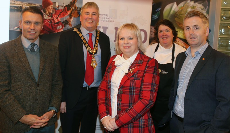 Causeway Coast and Glens Borough Council Chief Executive David Jackson, the Mayor of Causeway Coast and Glens Borough Council Councillor Richard Holmes, Alderman Michelle Knight McQuillan, chef Paula McIntyre and Councillor John McAuley pictured at the celebration of local produce held in the Arcadia in Portrush as part of Causeway Coast and Glens Borough Council’s NI 100 programme.