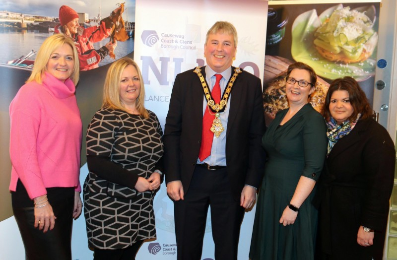 Wendy Gallagher from Causeway Coast Foodie Tours, Karen Marran from NWRC, the Mayor of Causeway Coast and Glens Borough Council Councillor Richard Holmes, Geri Martin from the Chocolate Manor and Daniela Morelli pictured at the celebration of local produce held in the Arcadia in Portrush as part of Causeway Coast and Glens Borough Council’s NI 100 programme.