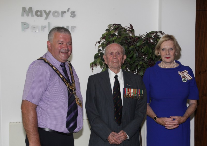 The Mayor of Causeway Coast and Glens Borough Council Councillor Ivor Wallace, special guest Norman Irwin, and the Lord Lieutenant of County Londonderry, Mrs Alison Millar.