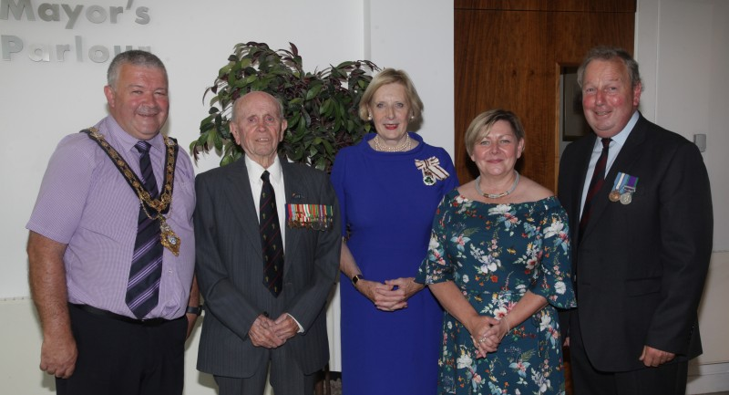 The Mayor of Causeway Coast and Glens Borough Council Councillor Ivor Wallace, special guest Norman Irwin, the Lord Lieutenant of County Londonderry, Mrs Alison Millar, Council’s Veterans’ Champion Alderman Sharon McKillop and Veterans’ Commissioner Danny Kinahan.