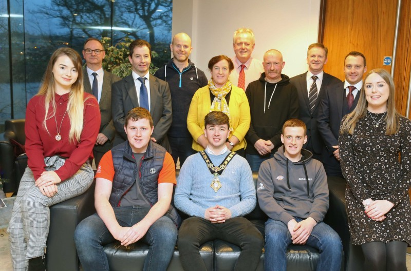 The Mayor of Causeway Coast and Glens Borough Council, Councillor Sean Bateson hosted a reception for successful Northern Regional College apprentices who qualified for the WorldSkills UK live finals in Birmingham. Included in the photo are front row L to R, Abigail Reilly, apprentice plumber with Dowds Group, Patrick McCloskey, apprentice carpenter with Dan Mullan, Glenullin; Samuel Gilmore, apprentice carpenter with Mark Pollock Joinery, Kilrea; Melissa Cunning, HR & Communications Co-ordinator Dowds Group. Back row, L-R, David Reilly, Abigail's father; Mel Higgins, Vice Principal and Chief Operating Officer, Northern Regional College; Dan Mullan; Edelene Gilmore, Ian Forsyth, carpentry lecturer;  Henry Gilmore; Brian Cunning, Director Dowds Group, Wesley Craig, plumbing lecturer, Northern Regional College.