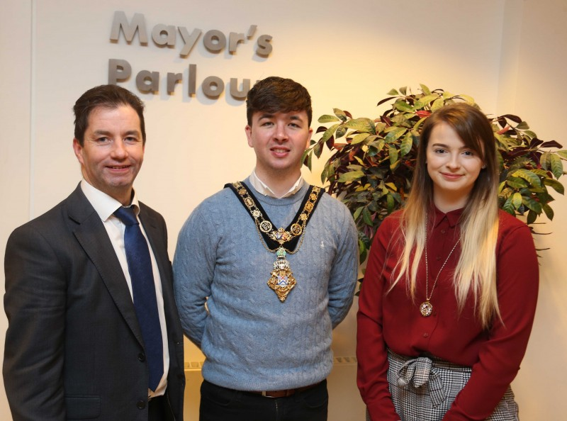 The Mayor of Causeway Coast and Glens Borough Council Councillor Sean Bateson with Abigail Reilly, an apprentice plumber at Northern Regional College  serving her apprenticeship with Dowds Group who won the Northern Ireland regional heats of WorldSkills UK to qualify for the LIVE finals in Birmingham and Mel Higgins,  Northern Regional College Vice Principal and Chief Operating Officer.
