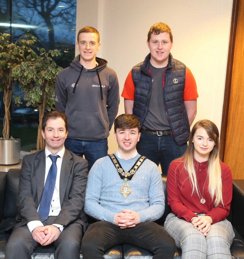 The Mayor of Causeway Coast and Glens Borough Council Councillor Sean Bateson with Northern Regional College award winning apprentices Abigail Reilly, Samuel Gilmore and Patrick McCloskey and Mel Higgins, Northern Regional College Vice Principal and Chief Operating Officer