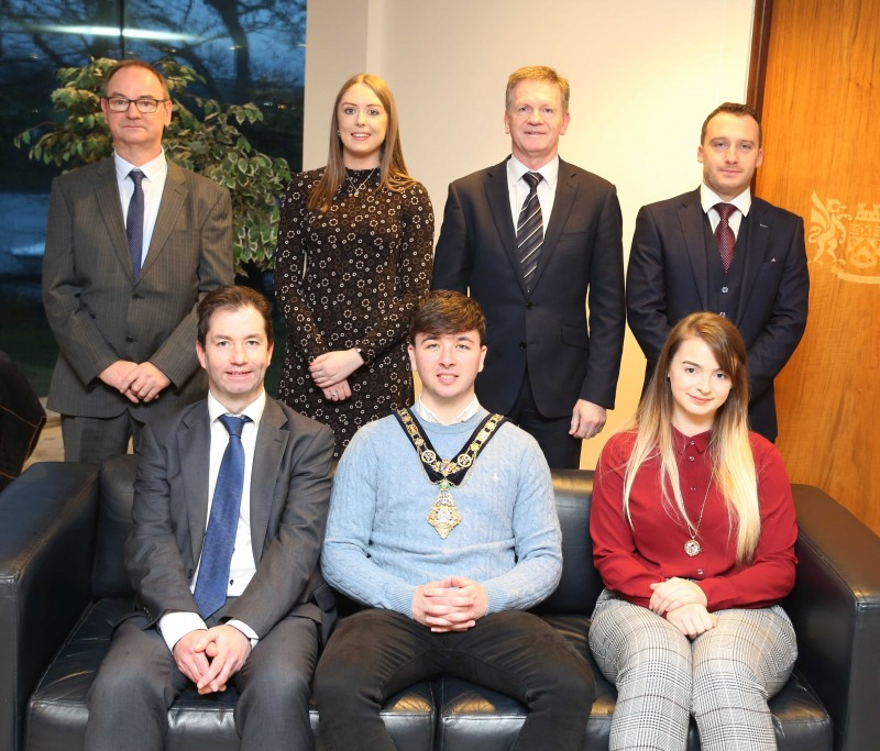 The Mayor of Causeway Coast and Glens Borough Council Councillor Sean Bateson with Abigail Reilly, an apprentice plumber at Northern Regional College serving her apprenticeship with Dowds Group, who won the Northern Ireland regional heats of WorldSkills UK to qualify for the LIVE finals in Birmingham and Mel Higgins, Northern Regional College Vice Principal and Chief Operating Officer. Back row L - R, David Reilly, Abigail's father (who is a pipe welder with Dowds Group) Melissa Cunning, PR & Communications Co-ordinator Dowds Group; Brian Cunning, Director Dowds Group, Wesley Craig, plumbing lecturer, Northern Regional College