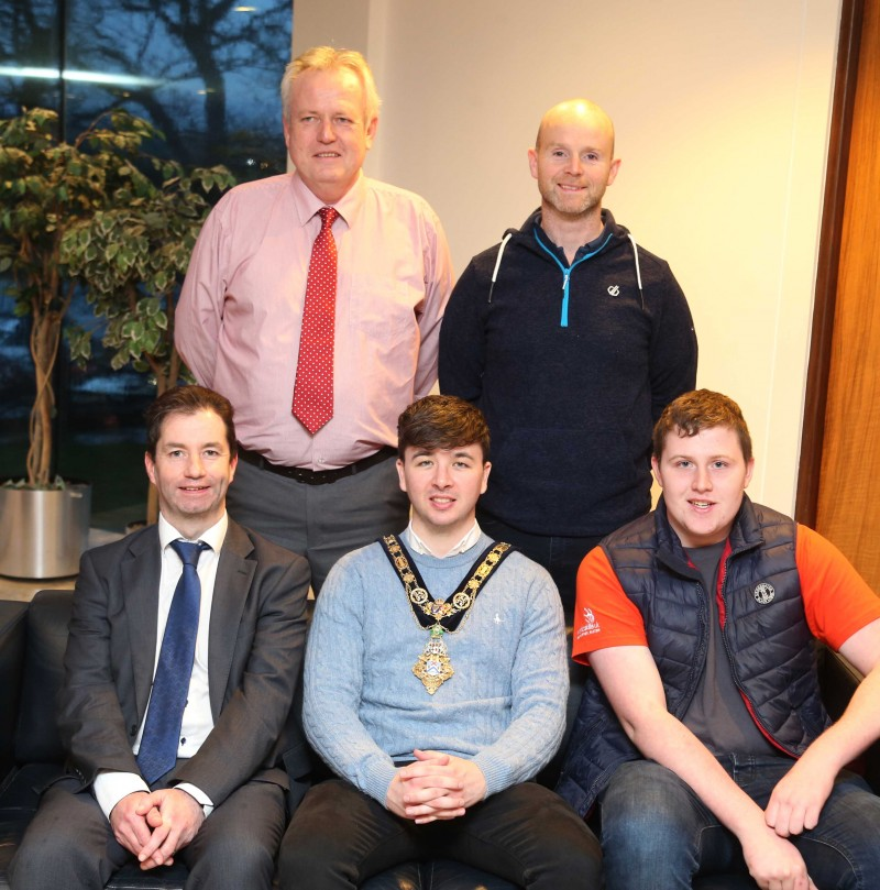 The Mayor of Causeway Coast and Glens Borough Council Councillor Sean Bateson with Patrick McCloskey, a carpentry apprentice at Northern Regional College who is serving his apprenticeship with Dan Mullan, Glenullin won the Northern Ireland regional heats of WorldSkills UK to qualify for the LIVE finals in Birmingham. Front row, Mel Higgins, Northern Regional College Vice Principal and Chief Operating Officer. Back row, Ian Forsythe, carpentry lecturer at Northern Regional College and Dan Mullan.