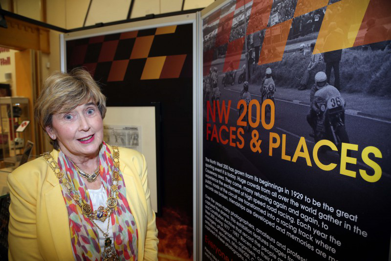 The Mayor of Causeway Coast and Glens Borough Council, Alderman Maura Hickey pictured at the opening of the NW200 Faces and Places exhibition in Ballymoney Museum.