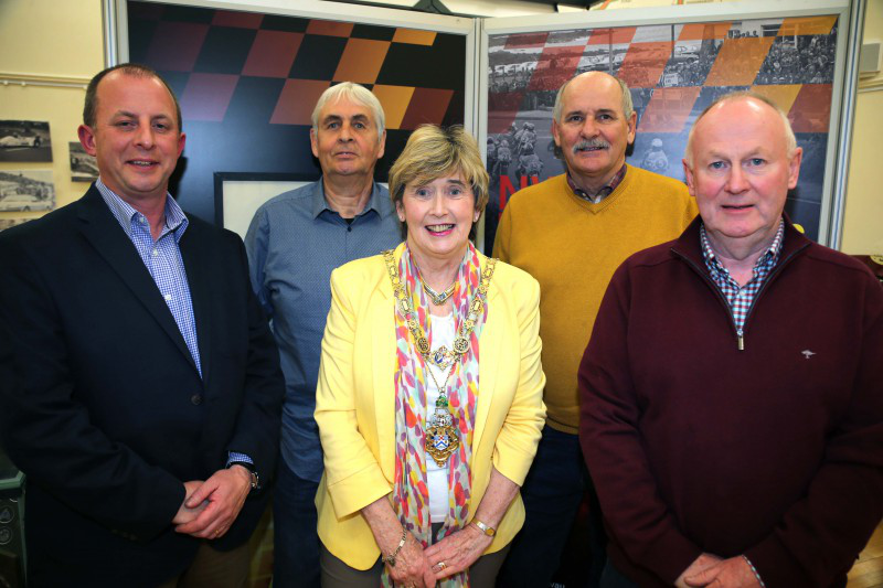 Pictured with the Mayor of Causeway Coast and Glens Borough Council, Alderman Maura Hickey, at the launch of the NW200 Faces and Places exhibition in Ballymoney Museum are Fergus Mc Kay, David Louden, Robert Dixon and Mervyn Whyte.