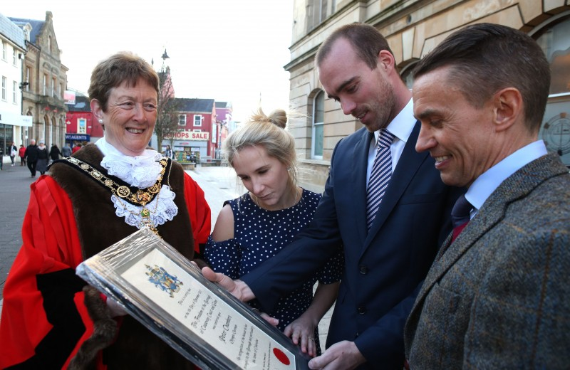 Peter Chambers pictured outside Coleraine Town Hall with his wife Elizabeth, the Mayor of Causeway Coast and Glens Borough Council, Councillor Joan Baird OBE and Chief Executive David Jackson after Peter was formally recognised as a Freeman of the Borough.