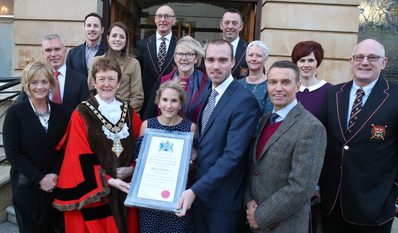 New Freeman Peter Chambers pictured with family members, friends from Bann Rowing Club, the Mayor of Causeway Coast and Glens Borough Council Councillor Joan Baird OBE and Chief Executive David Jackson.