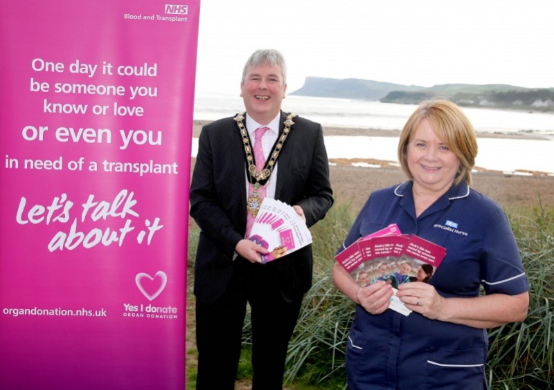 The Mayor of Causeway Coast and Glens Borough Council Councillor Richard Holmes pictured in Ballycastle with Northern Trust Specialist Nurse for Organ Donation Mary McAfee in Ballycastle to show his support for Organ Donation Week which begins on September 20th.