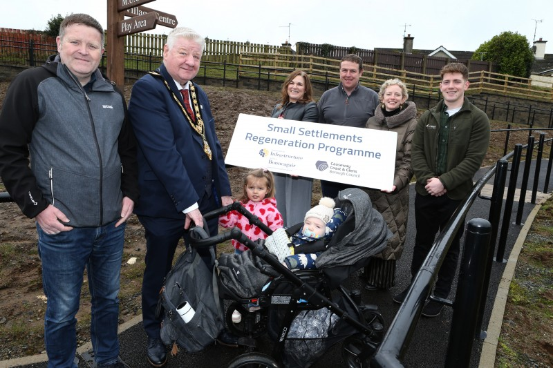 Pictured at the new accessible path at Rasharkin Community Centre are (L-R) Gregg McClements, Council’s Capital Project Officer; Mayor of Causeway Coast and Glens, Councillor Steven Callaghan; Julienne Elliot, Council’s Town & Village Manager; Brian Bradley, BJ Construction Ltd; Pat Mulvenna Director of Leisure & Development; and Caolan O’Connor, Kilcreen Consulting Ltd.