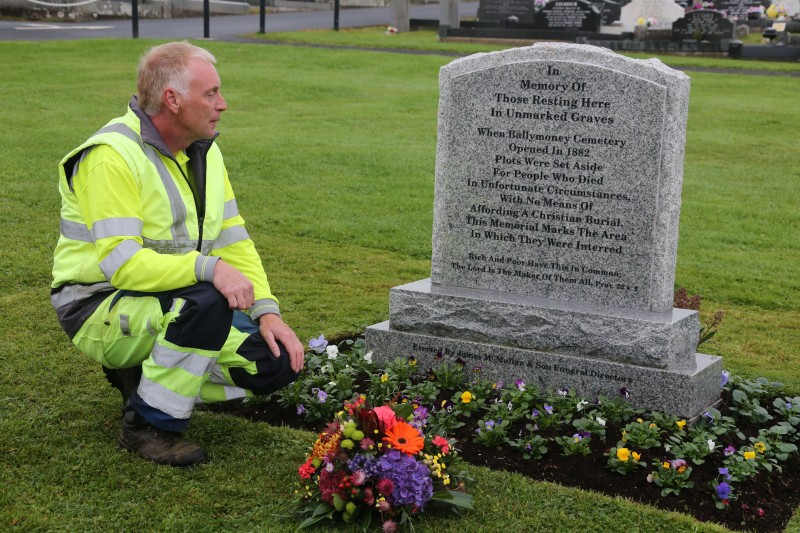 Ian Hall pictured at the new memorial headstone to remember those laid to rest in Ballymoney Cemetery’s ‘Paupers’ Graves’.