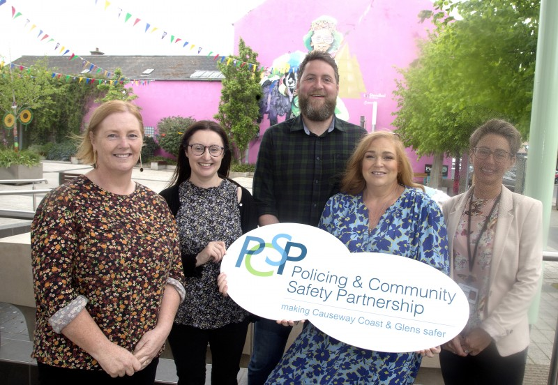 Causeway Coast and Glens Policing and Community Safety Partnership (PCSP) are currently hosting local focus groups as part of a new consultation. Pictured promoting the consultation are (l-r): Gabrielle Fitzpatrick, Leonard Cheshire; Orlaith Quinn and Michael McCafferty, PCSP Officers; Ashleen Schenning, PCSP member; and Heather Logan, Disability Action.