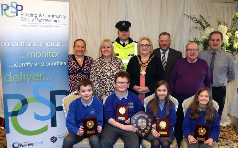 Pupils from Portstewart Primary School, winners of the Causeway Coast and Glens heat of the Northern Ireland Primary School Road Safety Quiz pictured with the Mayor of Causeway Coast and Glens Borough Council Councillor Brenda Chivers, PCSP Chairperson Margaret Anne McKillop, PCSP Officer Melissa Lemon, Constable Sid Henry, Roads Policing Education Officer, David Jackson from Road Safety NI, Seamus Higgins and quiz master Peter Melarkey.