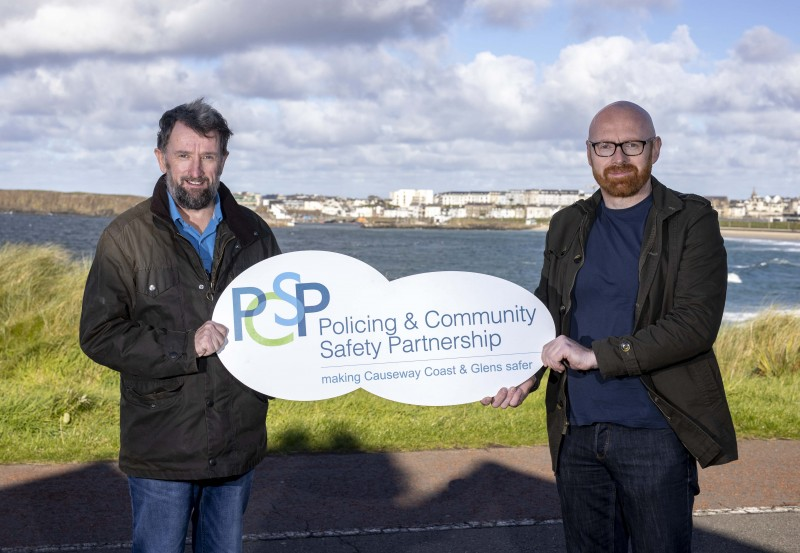 The Chairperson of Causeway Coast and Glens Policing and Community Safety Partnership Councillor Darryl Wilson (right) pictured with George Duddy, AIMS Project Manager.