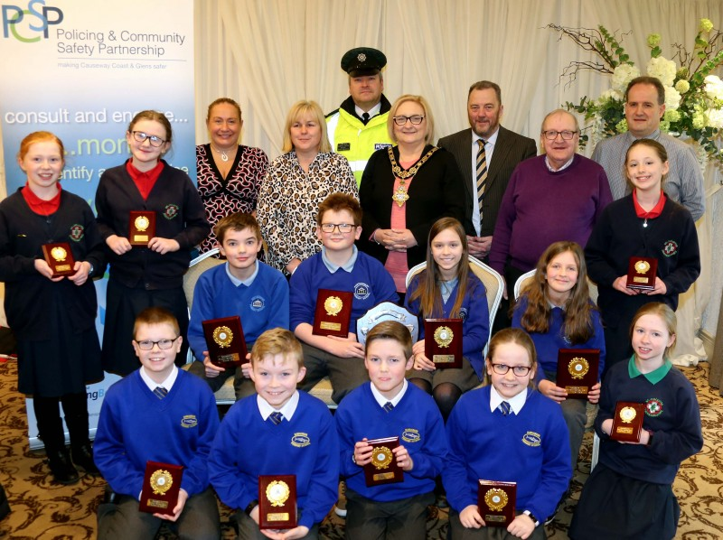 Pupils from Portstewart Primary School, Rasharkin Primary School and St Colum’s Primary School in Portstewart pictured at  the Causeway Coast and Glens heat of the Northern Ireland Primary School Road Safety Quiz with the Mayor of Causeway Coast and Glens Borough Council Councillor Brenda Chivers, PCSP Chairperson Margaret Anne McKillop, PCSP Officer Melissa Lemon, Constable Sid Henry, Roads Policing Education Officer, David Jackson from Road Safety NI, Seamus Higgins and quiz master Peter Melarkey.