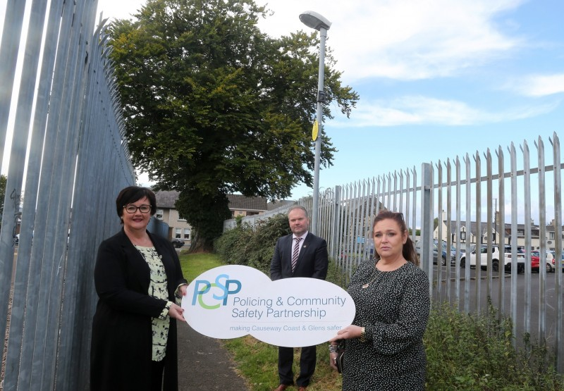 Principals​ of Limavady High School and St Mary’s High School, Mr Darren Mornin and Mrs Rita Moore, pictured with Causeway Coast and Glens Policing and Community Safety Partnership (PCSP) Member, Councillor Ashleen Schenning, at the laneway between the schools where new temporary cameras have been set up to help tackle anti-social behaviour and vandalism in the area.​