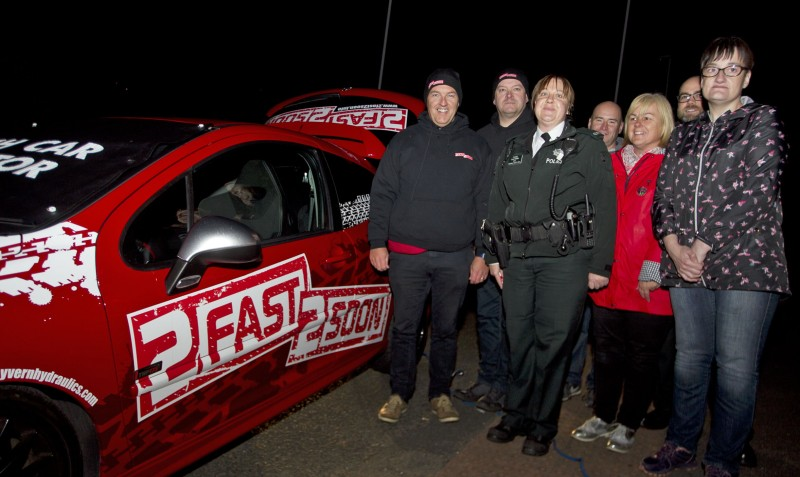 Pictured at the ‘2 Fast 2 Soon’ road safety initiative are Constable Syd Henry and Constable Stuart Crutchley, PSNI Road Education Officers, Councillor Margaret Anne Mc Killop, PCSP Chair, Constable Sonia Mc Mullan and members of Warterfoot Residents Association.