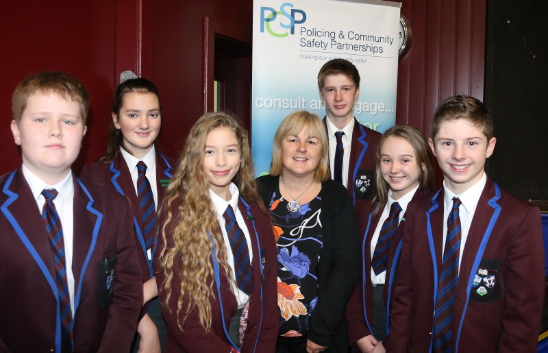 PCSP Chair Councillor Margaret Anne McKillop pictured with pupils from Dalriada School in Ballymoney who attended the ‘Control Alt Delete’ cyber safety performance.