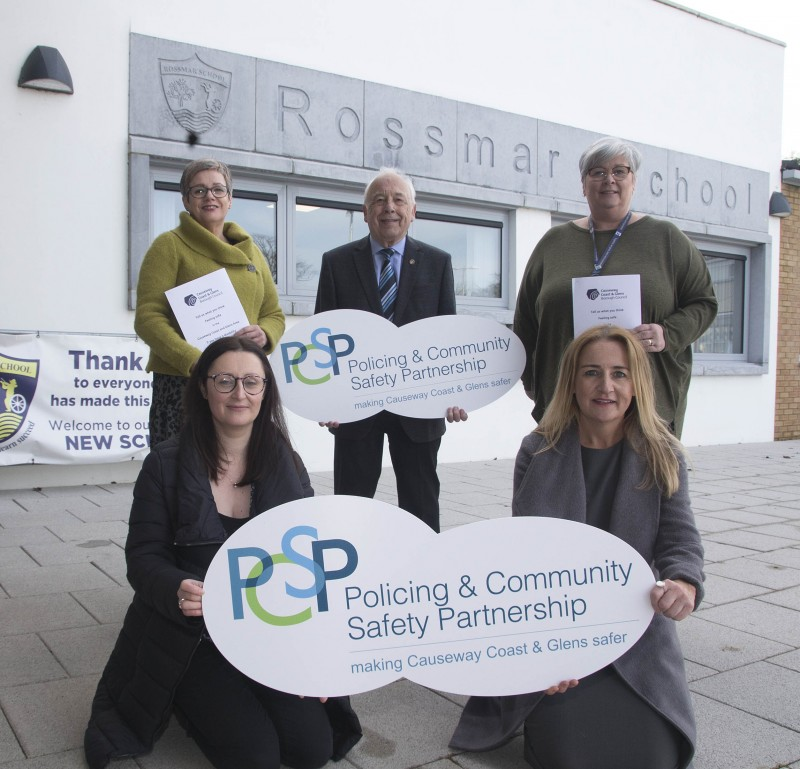 Pictured at Rossmar School in Limavady for the launch of Causeway Coast and Glens Policing and Community Safety Partnership’s Disability Consultation are Emma Harte (Mencap NI), Karen Smith (Disability Action), Sam McGregor (Chairperson of PCSP Working Group Fear of Crime). Rossmar School Principal Caroline Clements, Vice Principal Corienne Archibald and PCSP Officer Orlaith Quinn