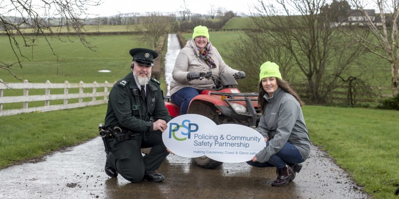 PSNI Community Planning Sergeant Darrell McIvor pictured with Causeway Coast and Glens Policing and Community Safety Partnership member Councillor Sandra Hunter and Pauline Nelmes from CanTrack Global Ltd at the launch of a new pilot scheme which aims to deter quad thefts and help recover stolen machinery.